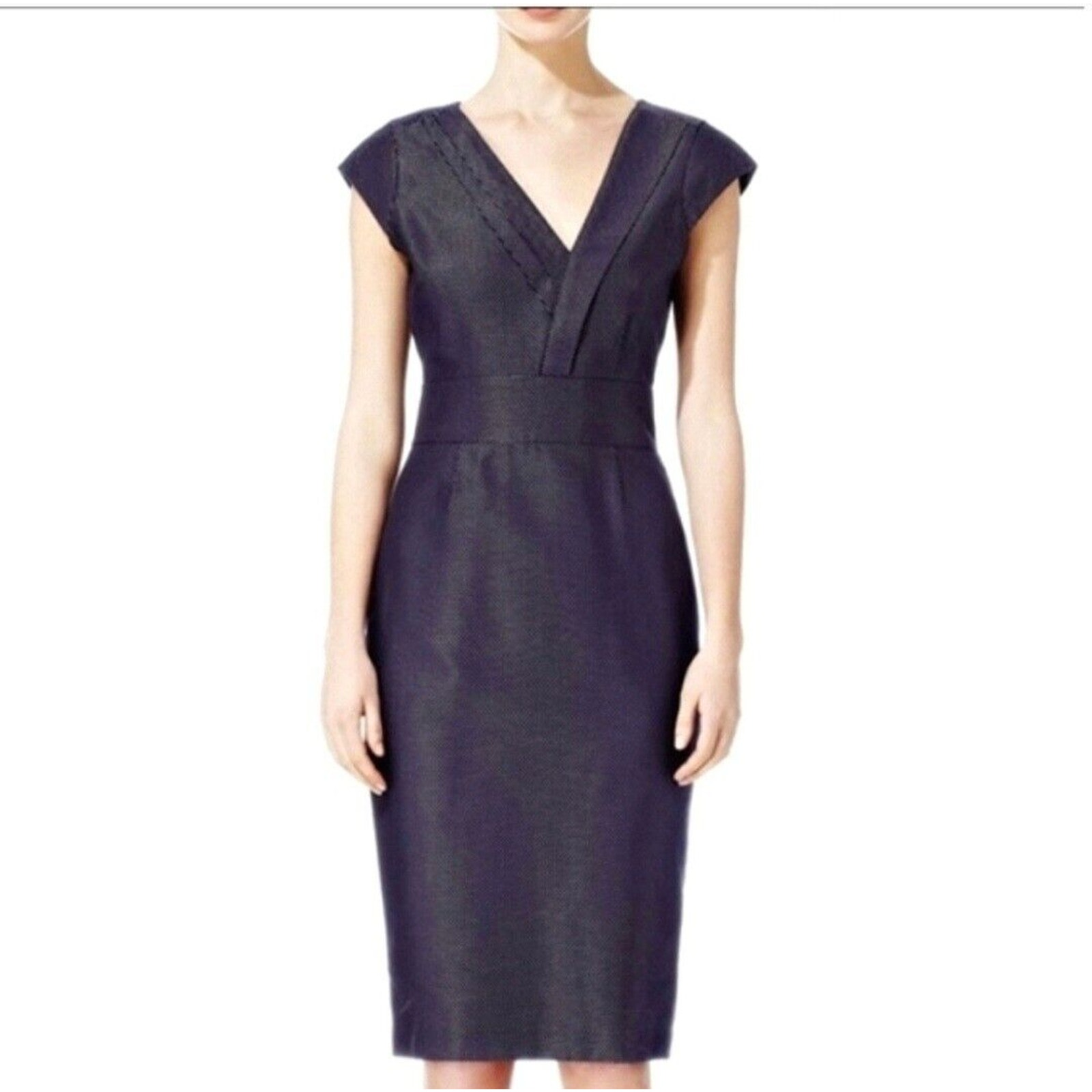 Reiss Sheath Midi Dress Womens Size 4 Karen Navy Blue Silver Micro Dots Shimmer